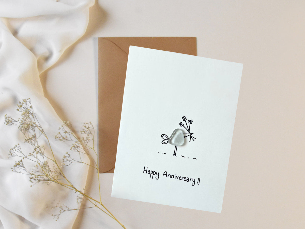 "Pajarito de amor" - Tarjeta de felicitación hecha a mano con cristal de mar
