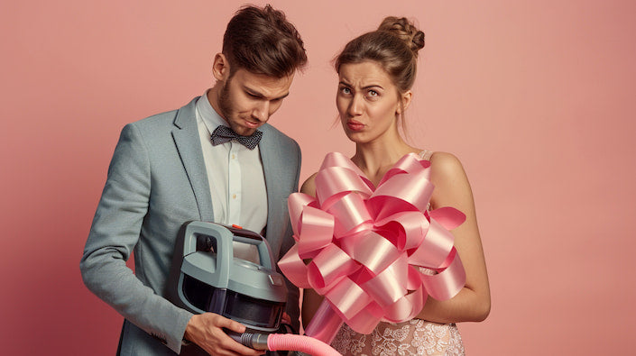 young couple giving wife a vaccum cleaner