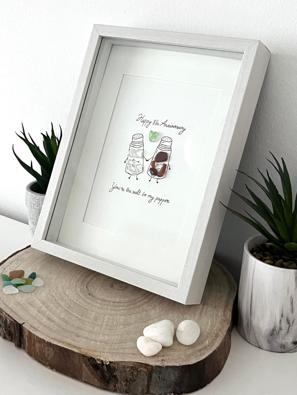 "8th Salt & Pepper Anniversary" - Personalized Sea Glass Picture Frame Gift