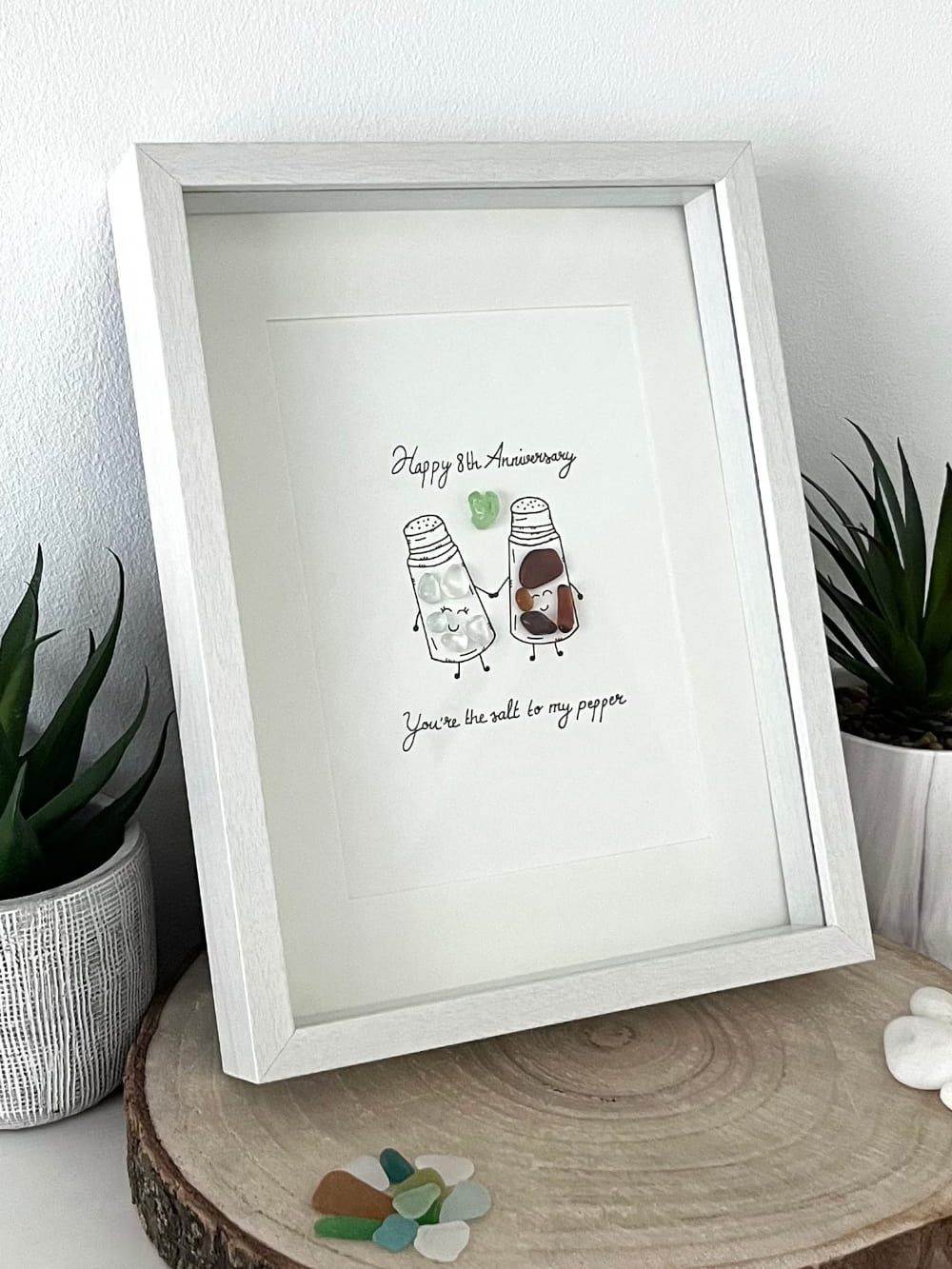 "8th Salt & Pepper Anniversary" - Personalized Sea Glass Picture Frame Gift