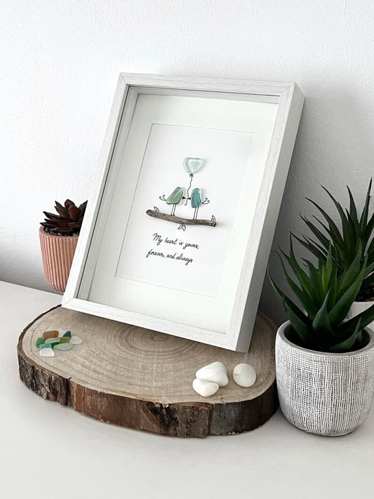 "Pájaros Enamorados en una Rama" - Marco de Fotos Personalizado de Cristal de Mar