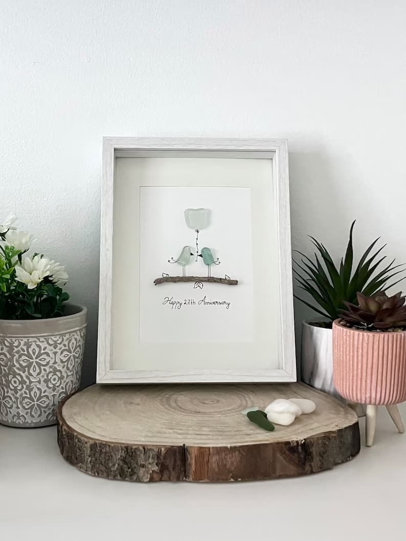 "Pájaros Enamorados en una Rama" - Marco de Fotos Personalizado de Cristal de Mar