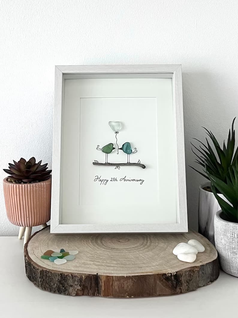 "Pájaros Enamorados en una Rama" - Marco de Fotos Personalizado de Cristal de Mar