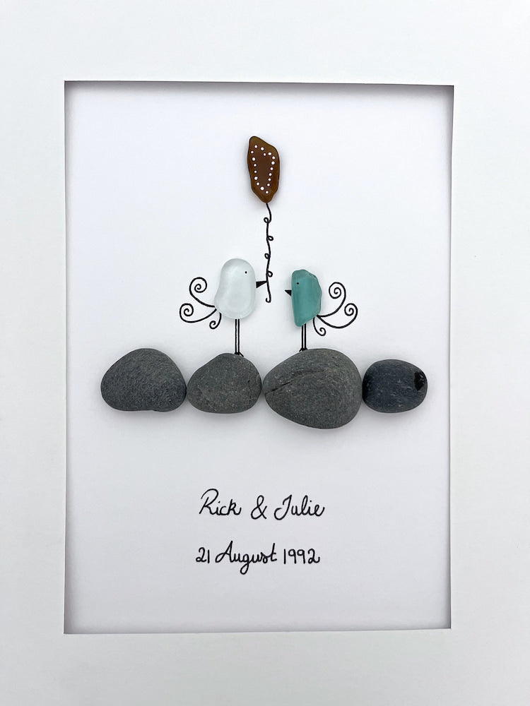 "Love Birds on Rocks" - Personalized Sea Glass Picture Frame Gift
