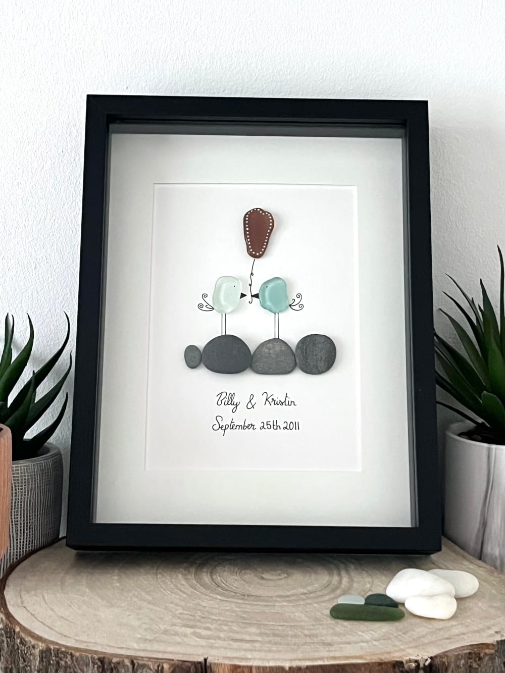 "Love Birds on Rocks" - Personalized Sea Glass Picture Frame Gift