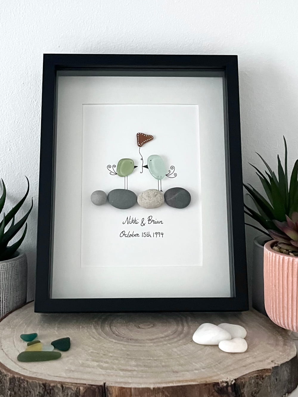 "Love Birds on Rocks" - Personalized Sea Glass Picture Frame Gift